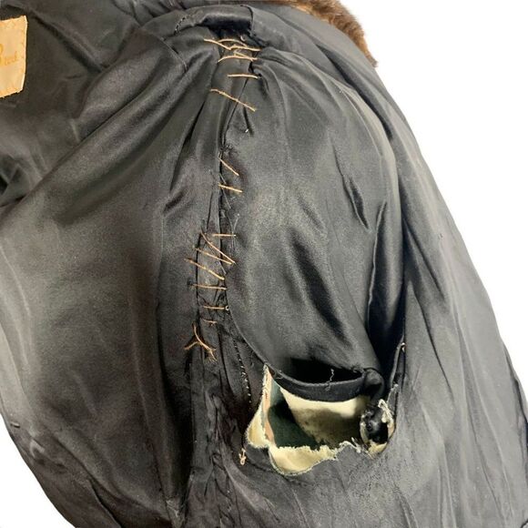 Vintage 70s Real Fur Leather Panel Coat M Black Brown For Repair - Picture 11 of 12